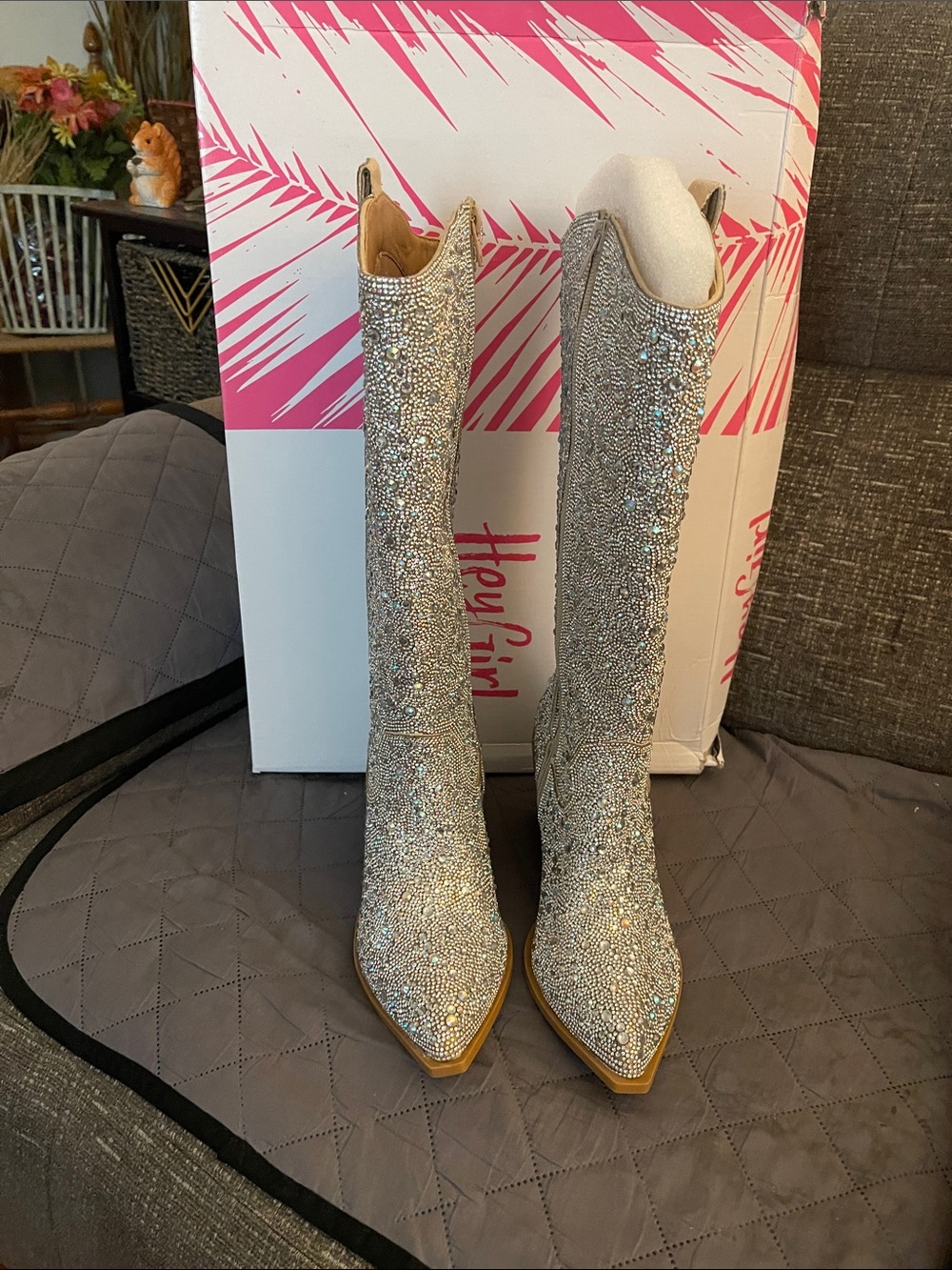 Corky’s Hey Girl Embellished Silver Crystal Knee-High Heeled Boots, wide calf